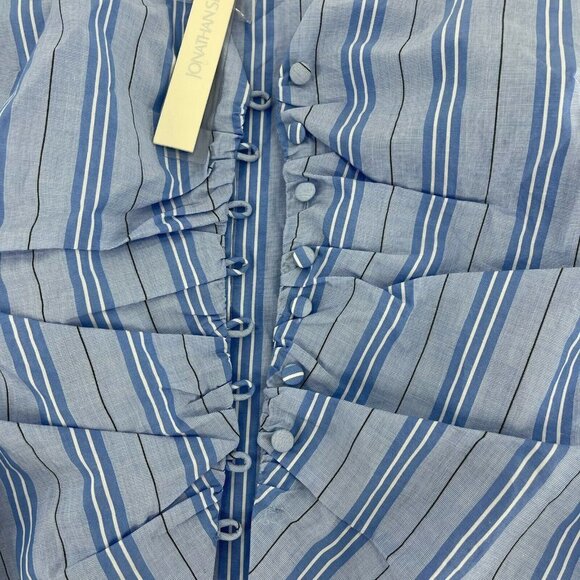 Jonathan Simkhai Ruched Oxford Front V-neck Stripe Cropped Shirt,Size 2 - Picture 3 of 4